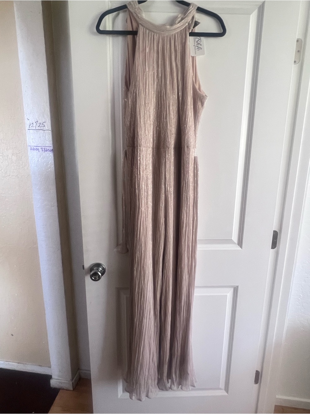 Pleated Metallic Blush Halter Jumpsuit